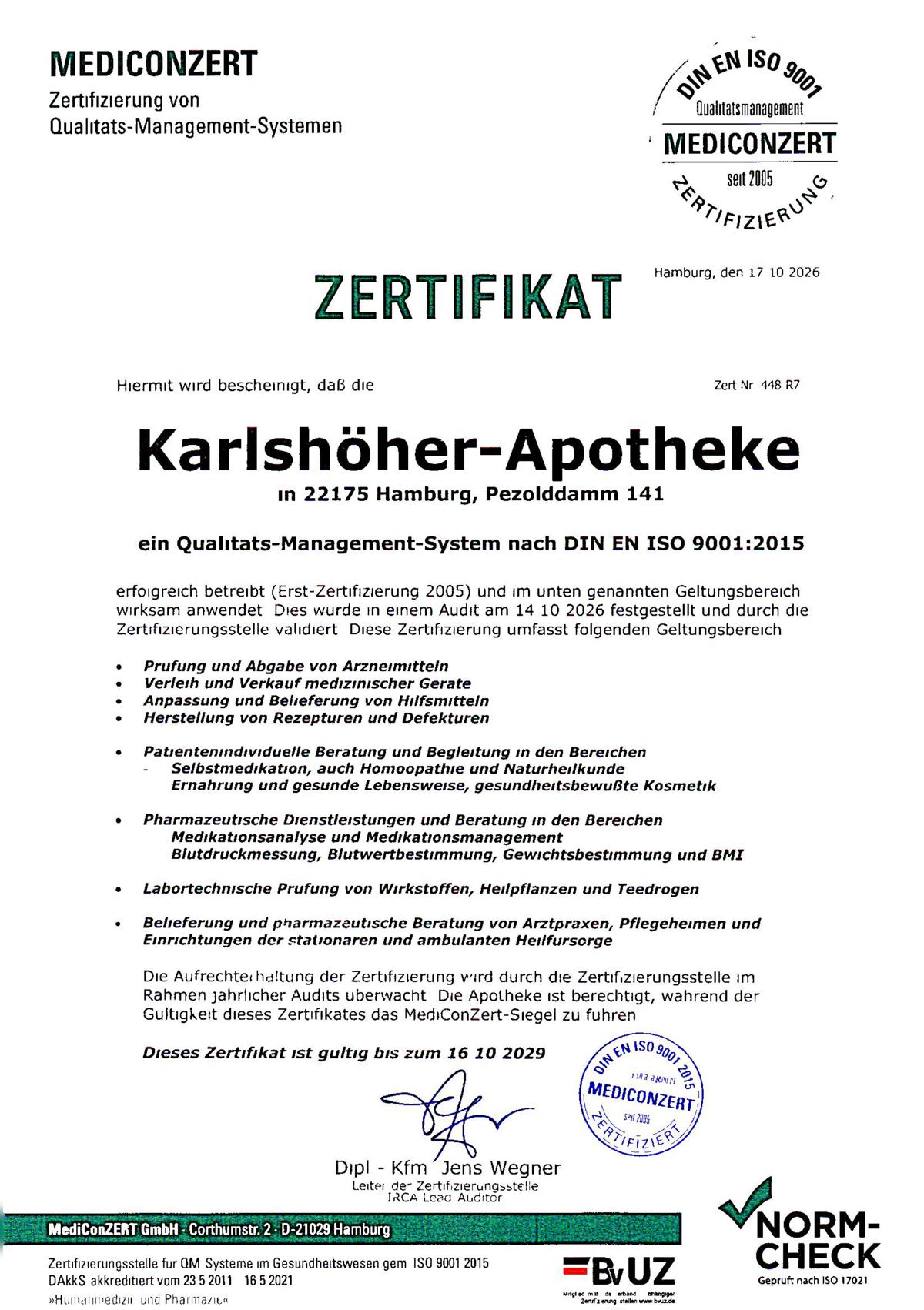 QMS-Zertifikat der Karlshöher Apotheke in Hamburg QMS-Zertifikat der Karlshöher Apotheke in Hamburg